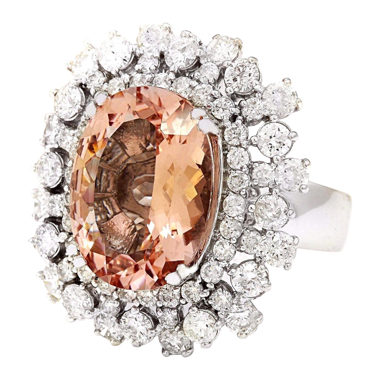 Introducing an exquisite masterpiece of opulence and sophistication: the Morganite Diamond Cocktail Ring in 14K Solid White Gold. With a total weight of 13.35 carats, this ring epitomizes luxury.

At its heart lies a mesmerizing oval-shaped