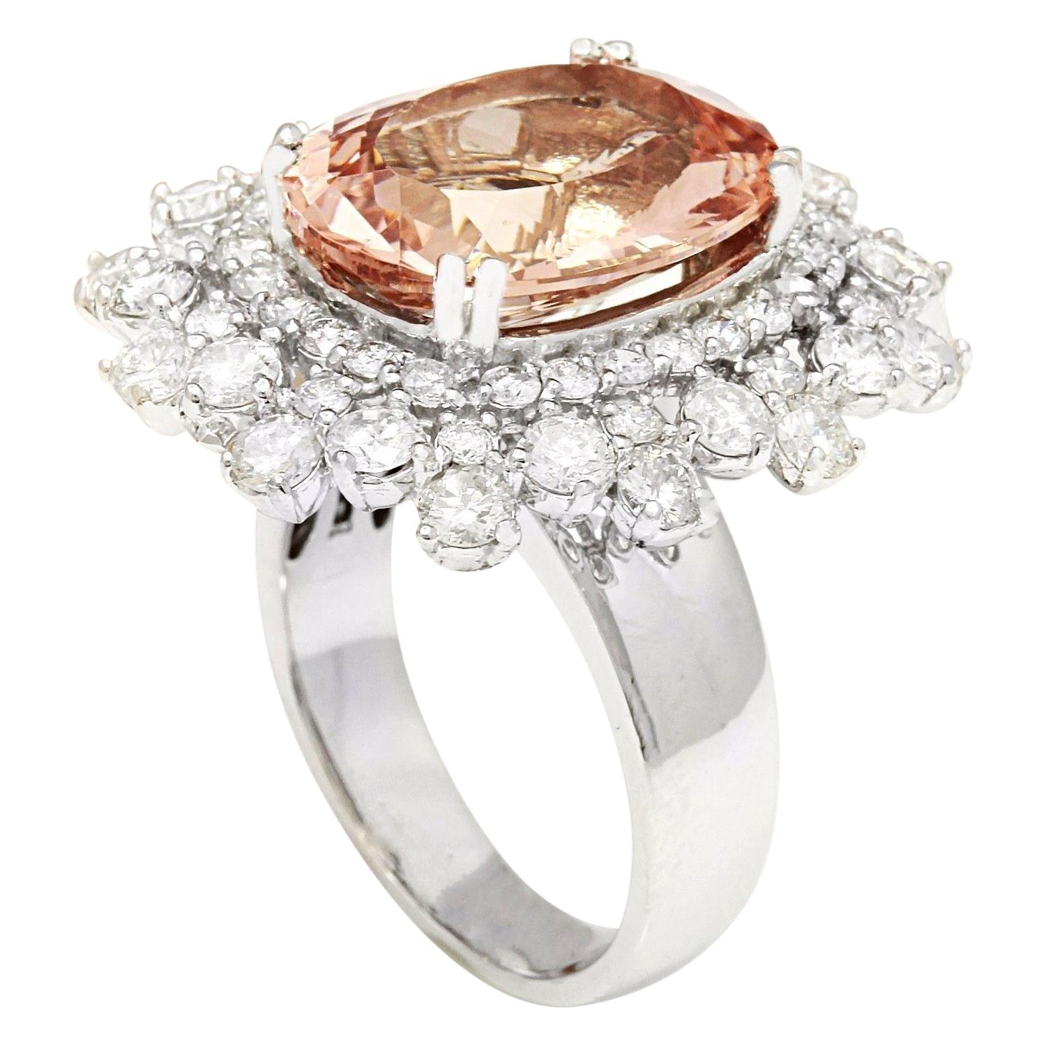 Modern Exquisite Natural Morganite Diamond Ring 14 Karat Solid White Gold  For Sale