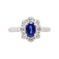 1.335 Carat Sapphire and Diamond Cluster Ring Set in Platinum