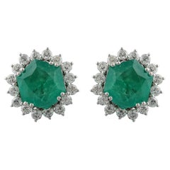 13.36ct Zambian Emerald 2.40 ct SI/H Diamond Round Stud Earrings 14k White Gold