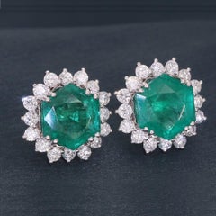 13.36ct Zambian Emerald 2.40ct SI/H Diamond Round Stud Earrings 18k White Gold