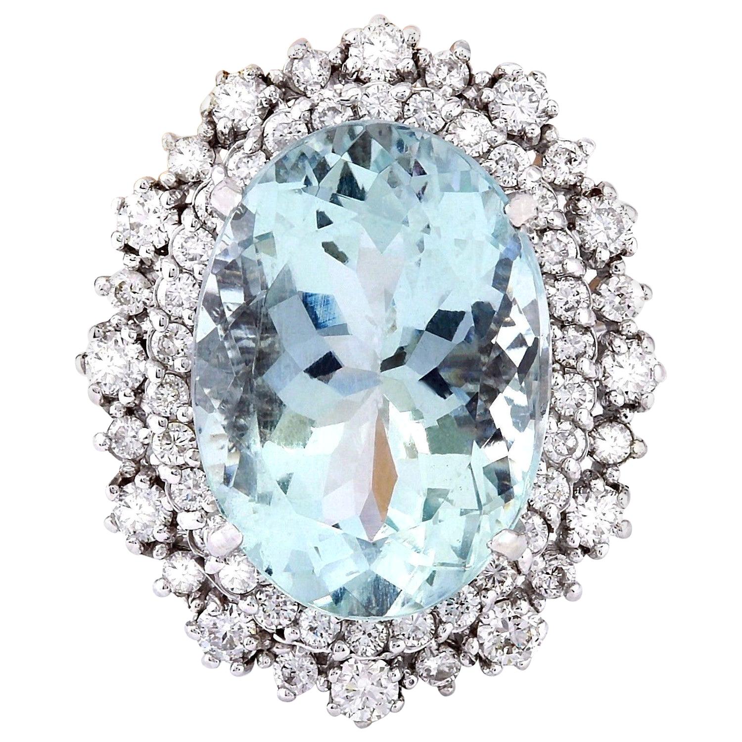 Natural Aquamarine Diamond Ring In 14 Karat Solid White Gold  For Sale