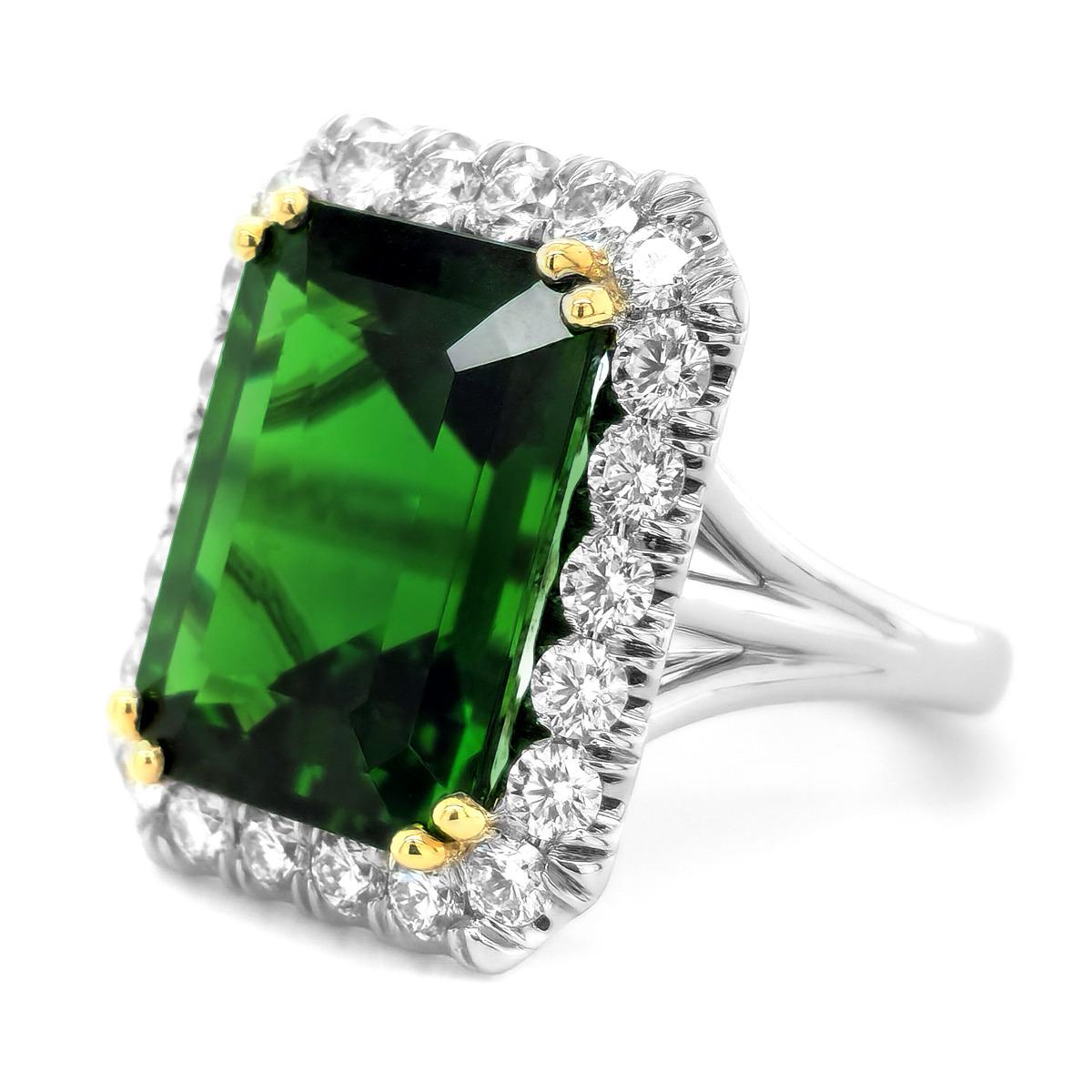 13,37 Karat natürlicher Chrom Turmalin Diamant Platin und 18K Gelbgold Ring (Kunsthandwerker*in) im Angebot