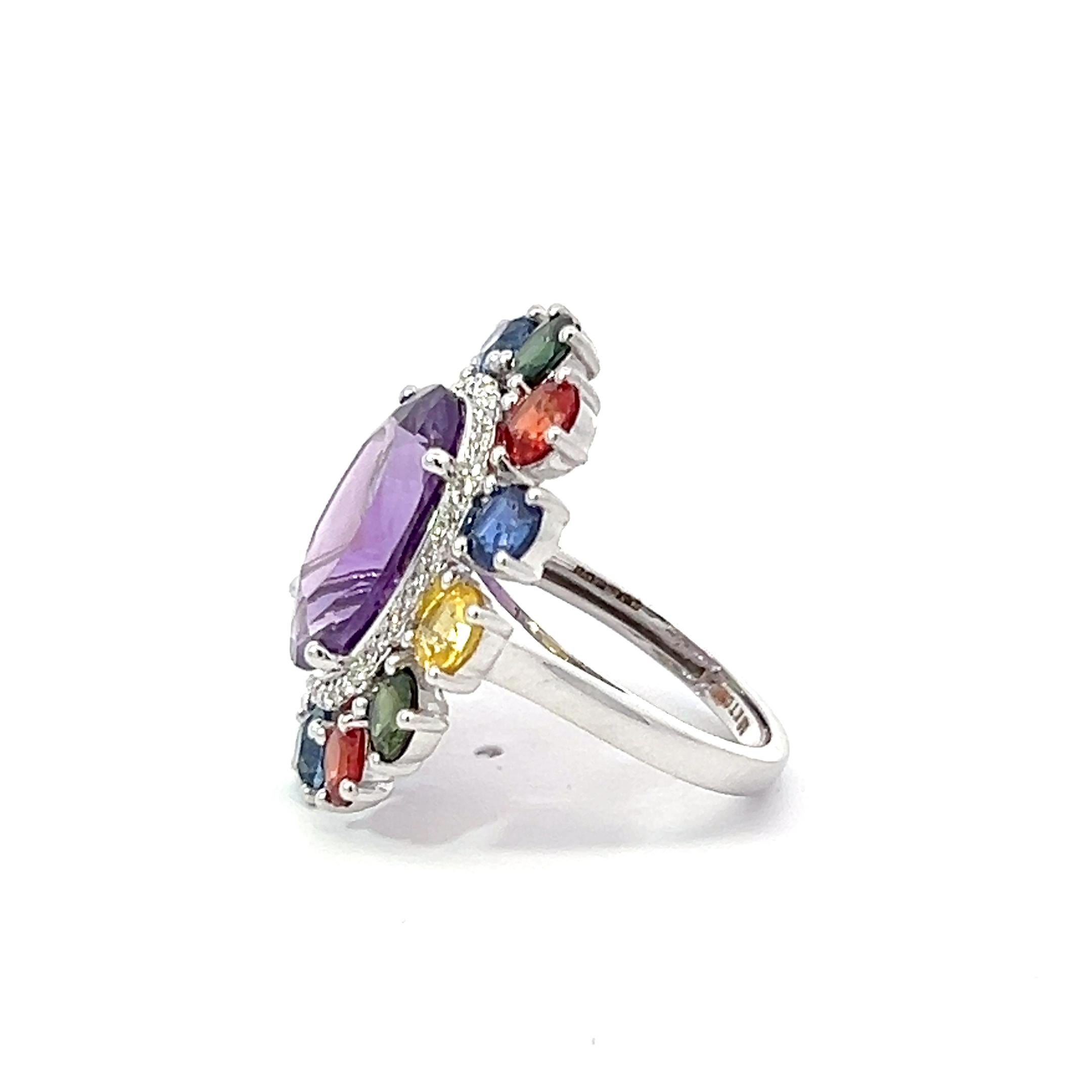 13.38 Carat Diamond Sapphire Pink Amethyst  Cocktail 18 Karat Halo Dress Ring For Sale 4