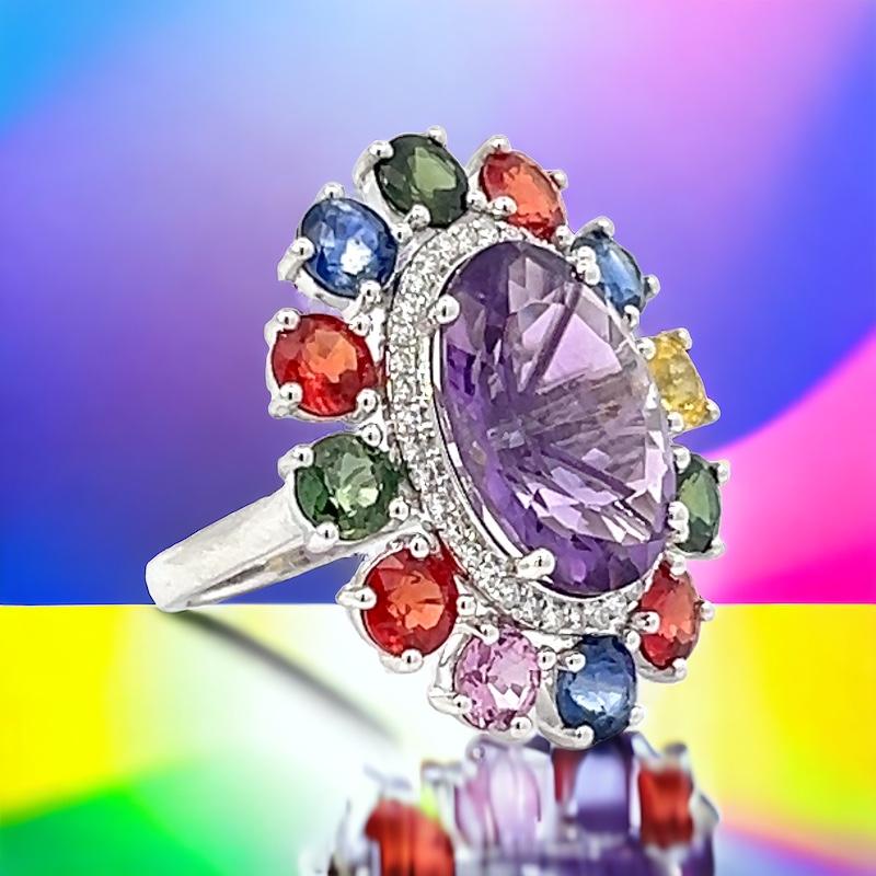 13.38 Carat Diamond Sapphire Pink Amethyst  Cocktail 18 Karat Halo Dress Ring For Sale 5