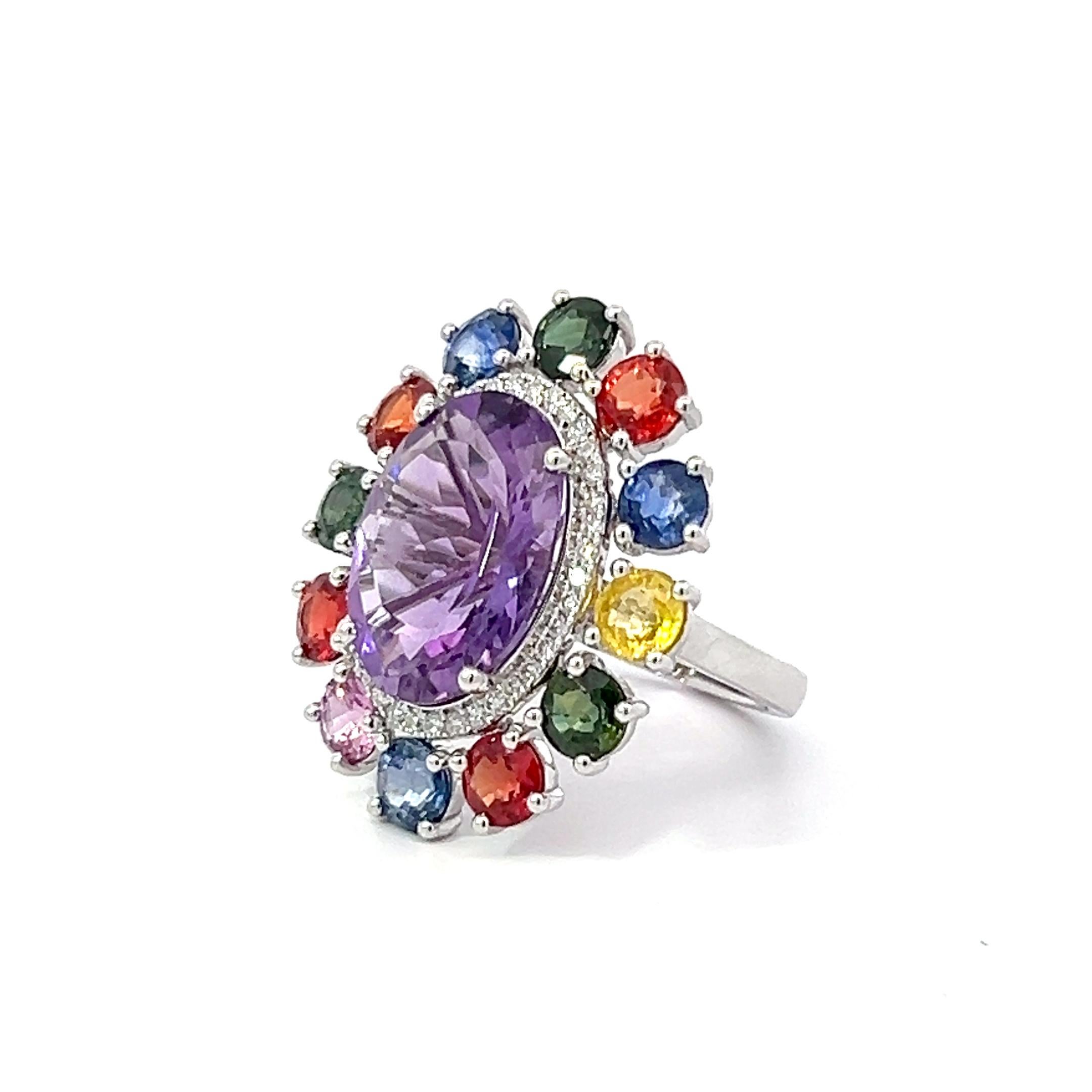 A bespoke bright large and colourful cocktail ring, 13.38 carat total gem weight. This cocktail ring features a stunning array of multicoloured gemstones meticulously set in a captivating design. The centrepiece of the ring is a prominent 7.16 carat