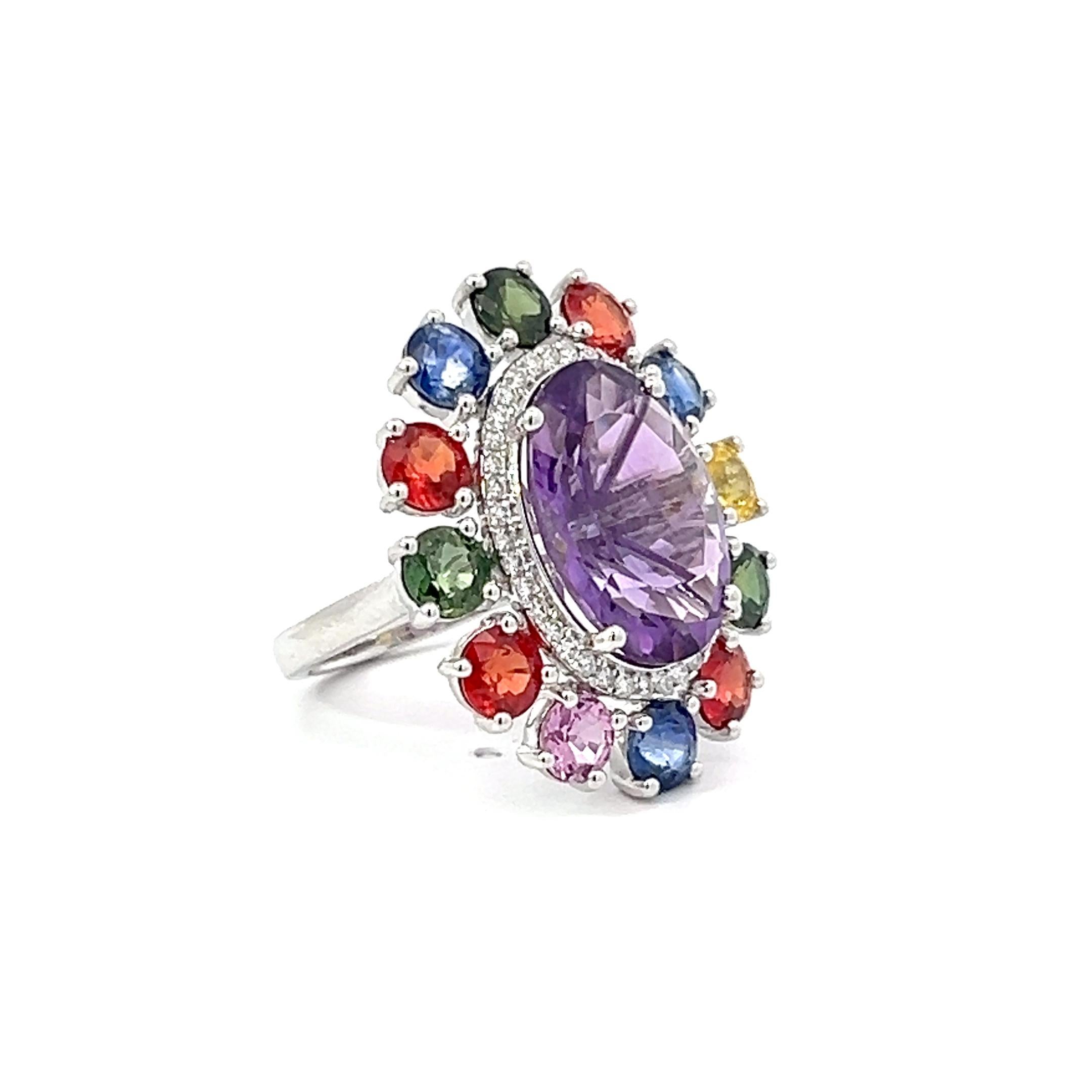 Modern 13.38 Carat Diamond Sapphire Pink Amethyst  Cocktail 18 Karat Halo Dress Ring For Sale
