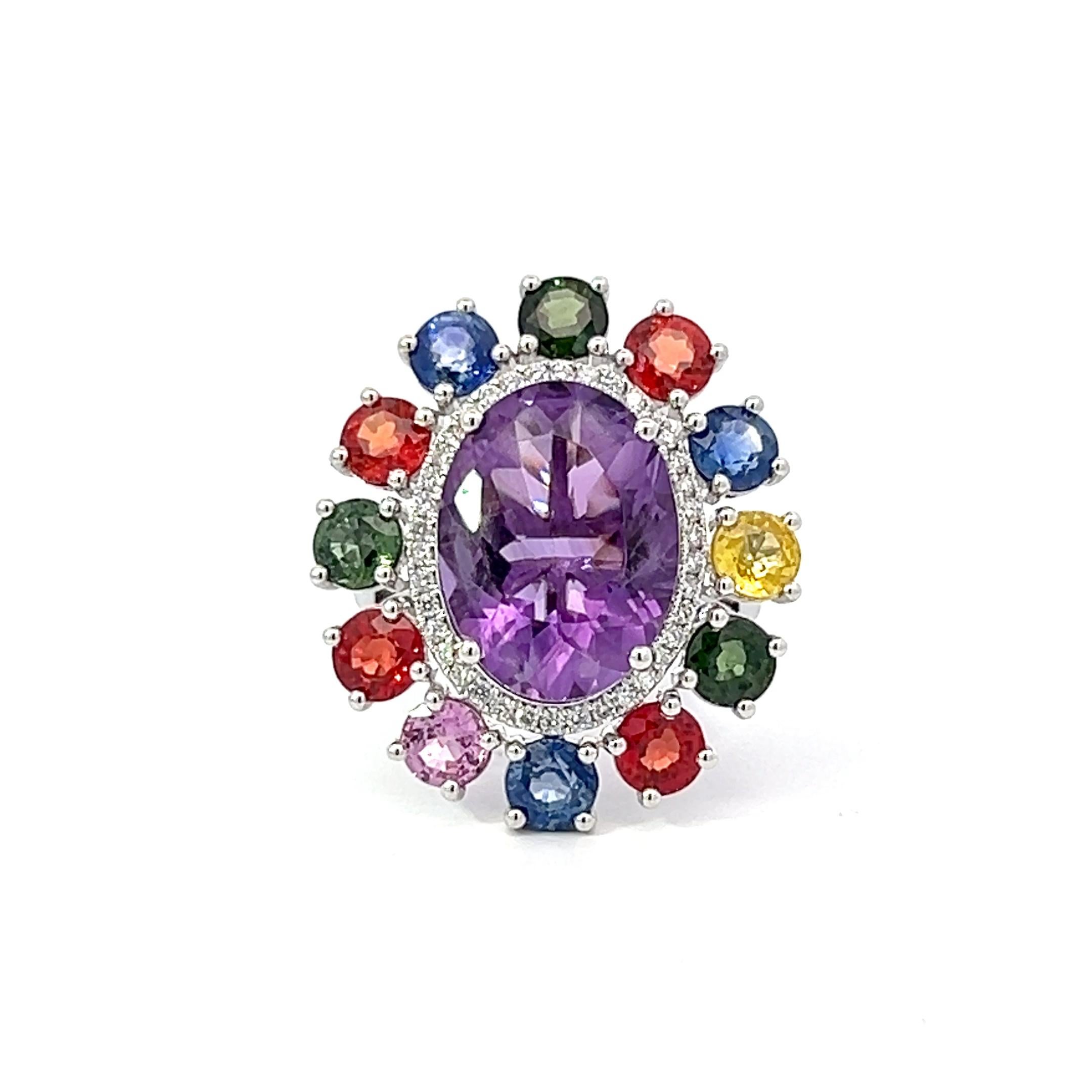 Oval Cut 13.38 Carat Diamond Sapphire Pink Amethyst  Cocktail 18 Karat Halo Dress Ring For Sale
