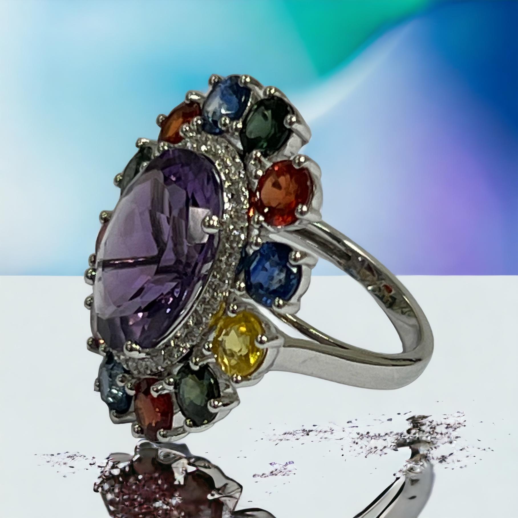 13.38 Carat Diamond Sapphire Pink Amethyst  Cocktail 18 Karat Halo Dress Ring For Sale 1