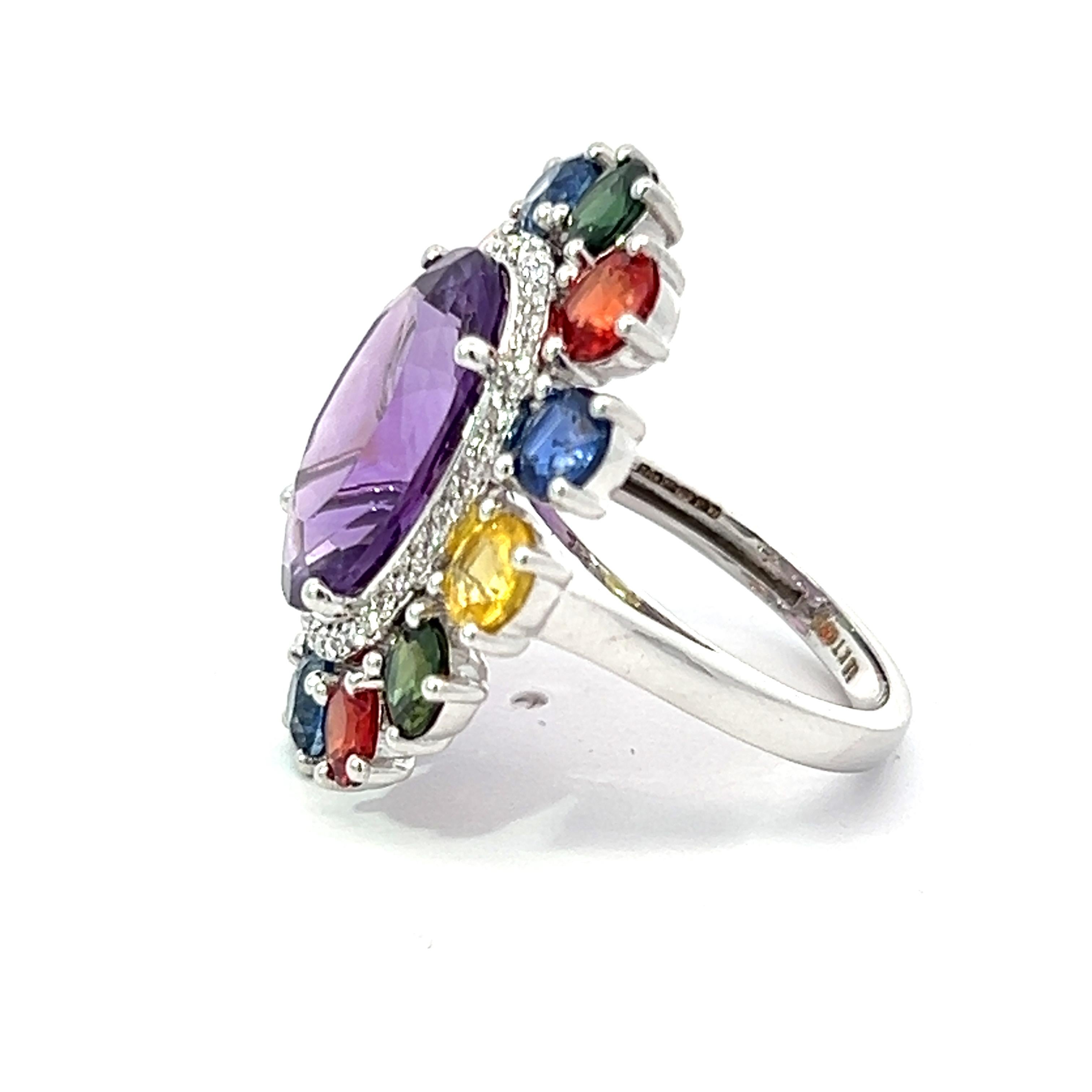13.38 Carat Diamond Sapphire Pink Amethyst  Cocktail 18 Karat Halo Dress Ring For Sale 2