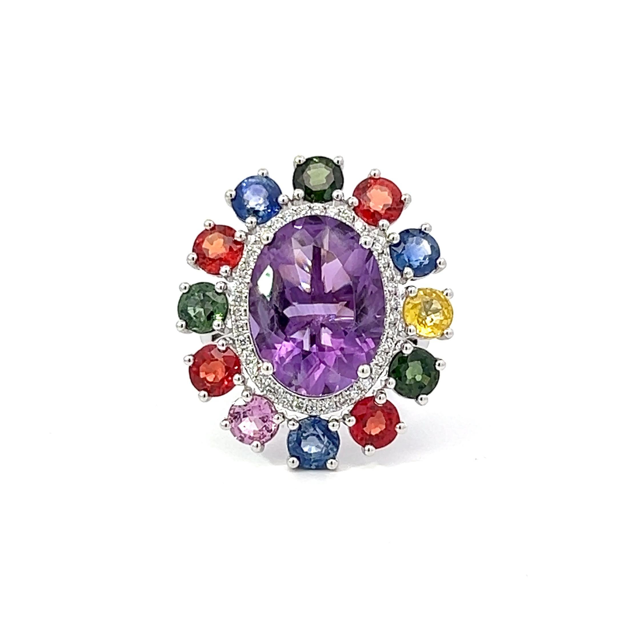 13.38 Carat Diamond Sapphire Pink Amethyst  Cocktail 18 Karat Halo Dress Ring For Sale 3