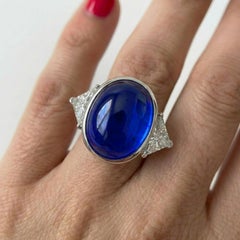 13.38 Carat Intense Blue Sapphire Cabochon Diamond Ring
