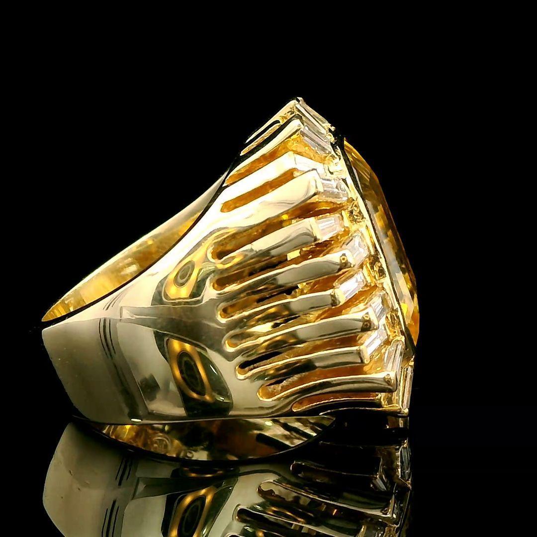 Emerald Cut 13.38 Carat Yellow Sapphire and Diamond Ring in 18K Gold, 20.97 Grams For Sale