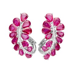 13.39 Carat Pavé White Diamond Ruby 18 Karat White Gold Leaf Earrings