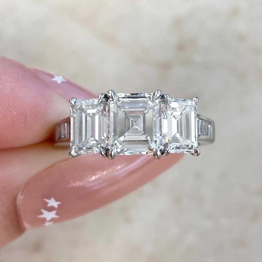 1.33ct Asscher Cut Diamond Three Stone Engagement Ring, G Color, Platinum For Sale 5