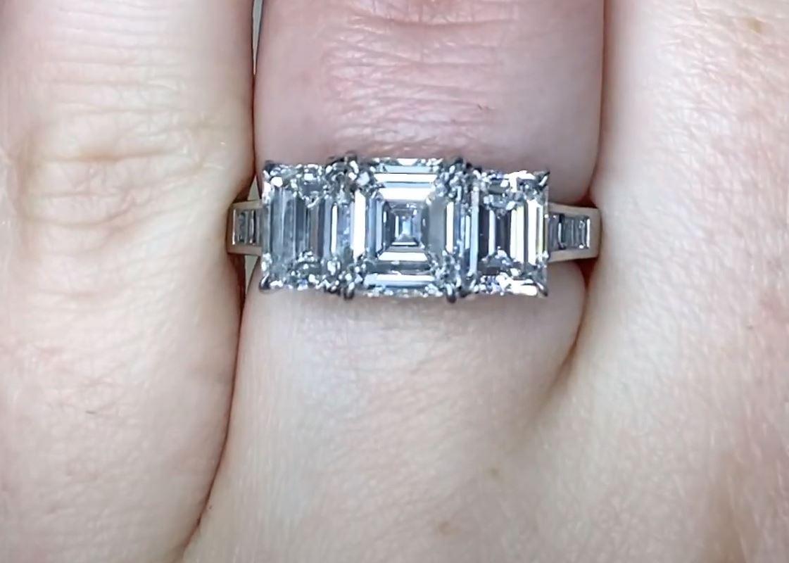 Women's 1.33ct Asscher Cut Diamond Three Stone Engagement Ring, G Color, Platinum For Sale