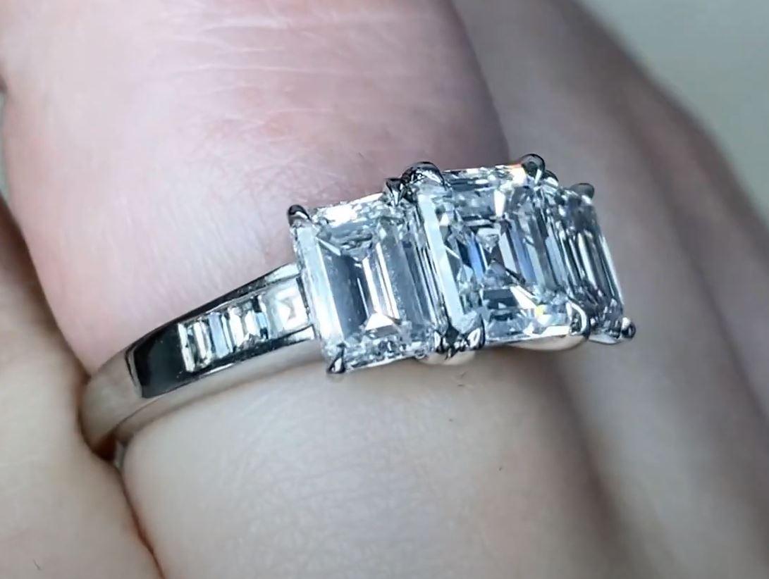 1.33ct Asscher Cut Diamond Three Stone Engagement Ring, G Color, Platinum For Sale 1