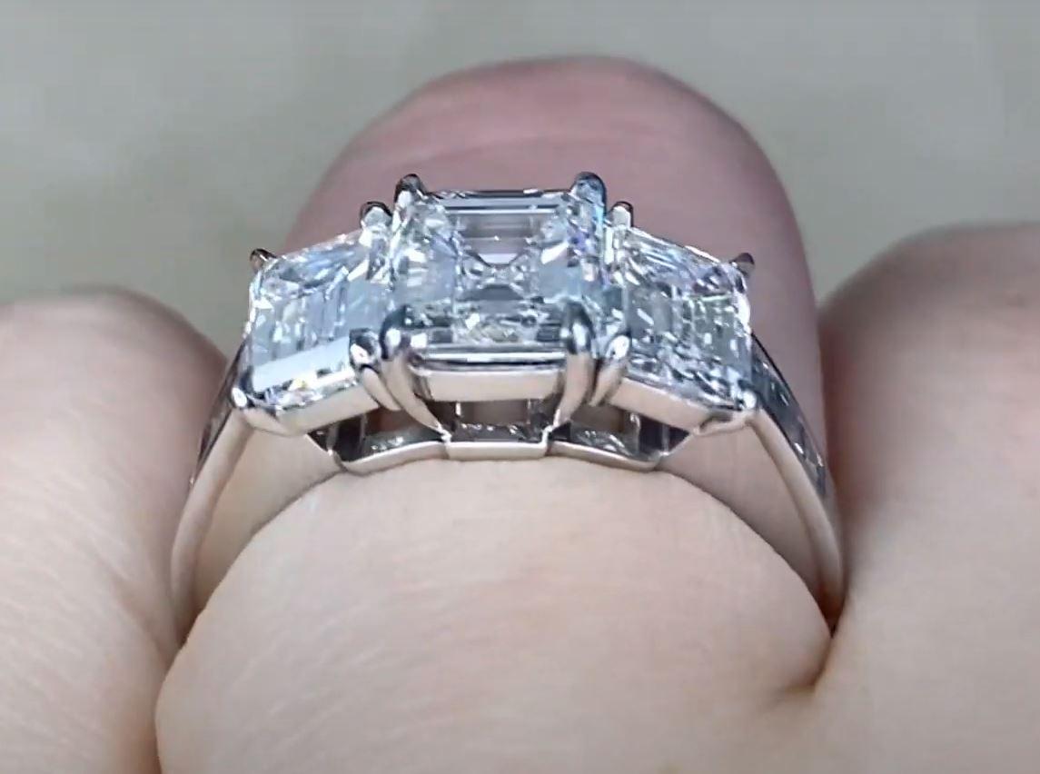 1.33ct Asscher Cut Diamond Three Stone Engagement Ring, G Color, Platinum For Sale 3