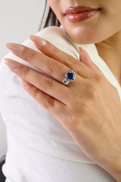 1.33Ct Natural Oval Blue Sapphire & Diamond Halo Engagement Ring 14K White Gold