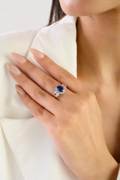 1.33Ct Natural Oval Blue Sapphire & Diamond Halo Engagement Ring 18K White Gold