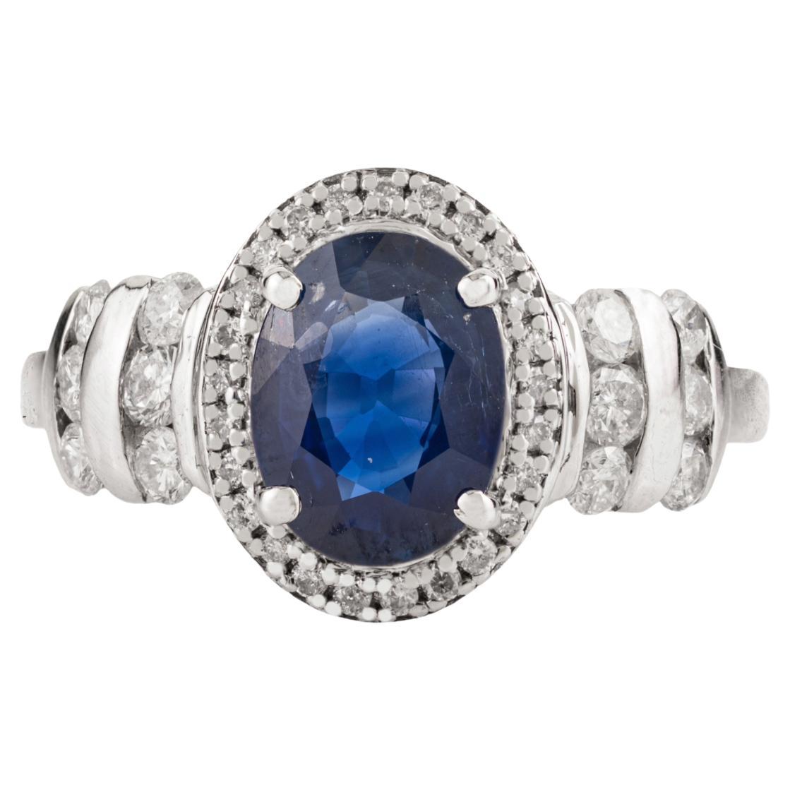 1.33Ct Natural Oval Blue Sapphire & Diamond Halo Engagement Ring 18K White Gold