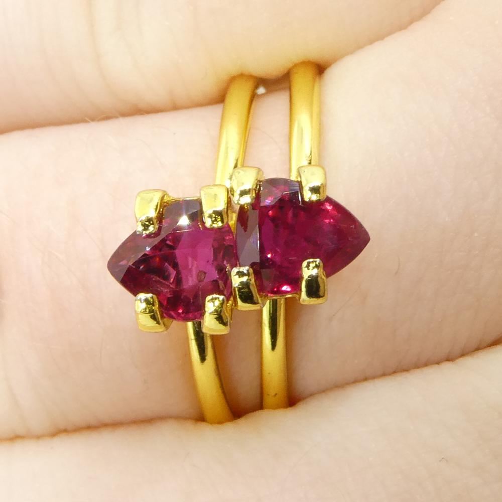 Description:

Gem Type: Ruby 
Number of Stones: 2
Weight: 1.33 cts
Measurements: 5.73 x 5.39 x 2.76 mm, 5.89 x 5.17 x 2.60 mm
Shape: Pear
Cutting Style Crown: Brilliant Cut
Cutting Style Pavilion: Step Cut 
Transparency: Transparent
Clarity: