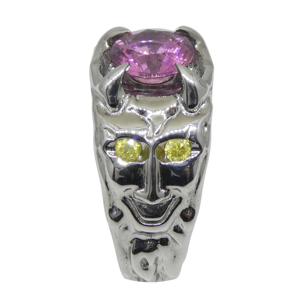 Women's or Men's 1.33ct Pink Tourmaline, Yellow Diamond Devil Mask Ring set in 14k Black Gold For Sale