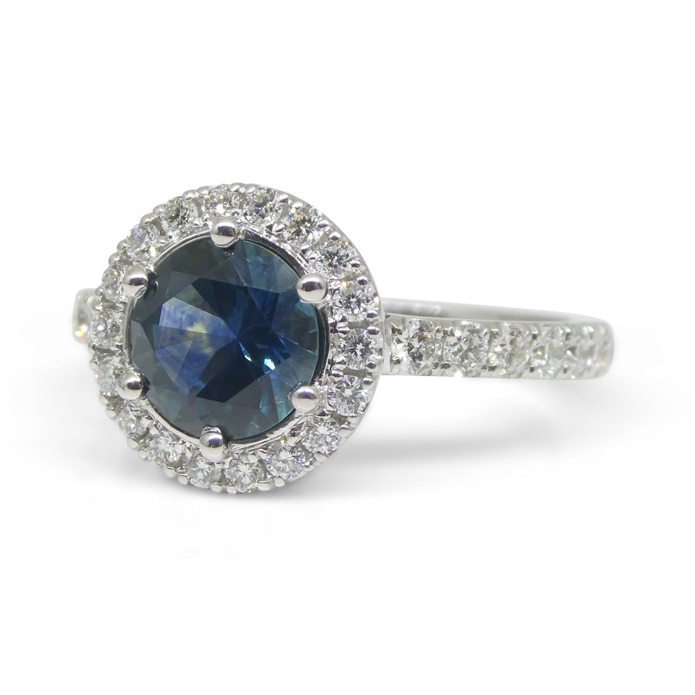 1.33ct Round Teal Blue Sapphire, Diamond Halo Engagement Ring in 18k White Gold For Sale 4