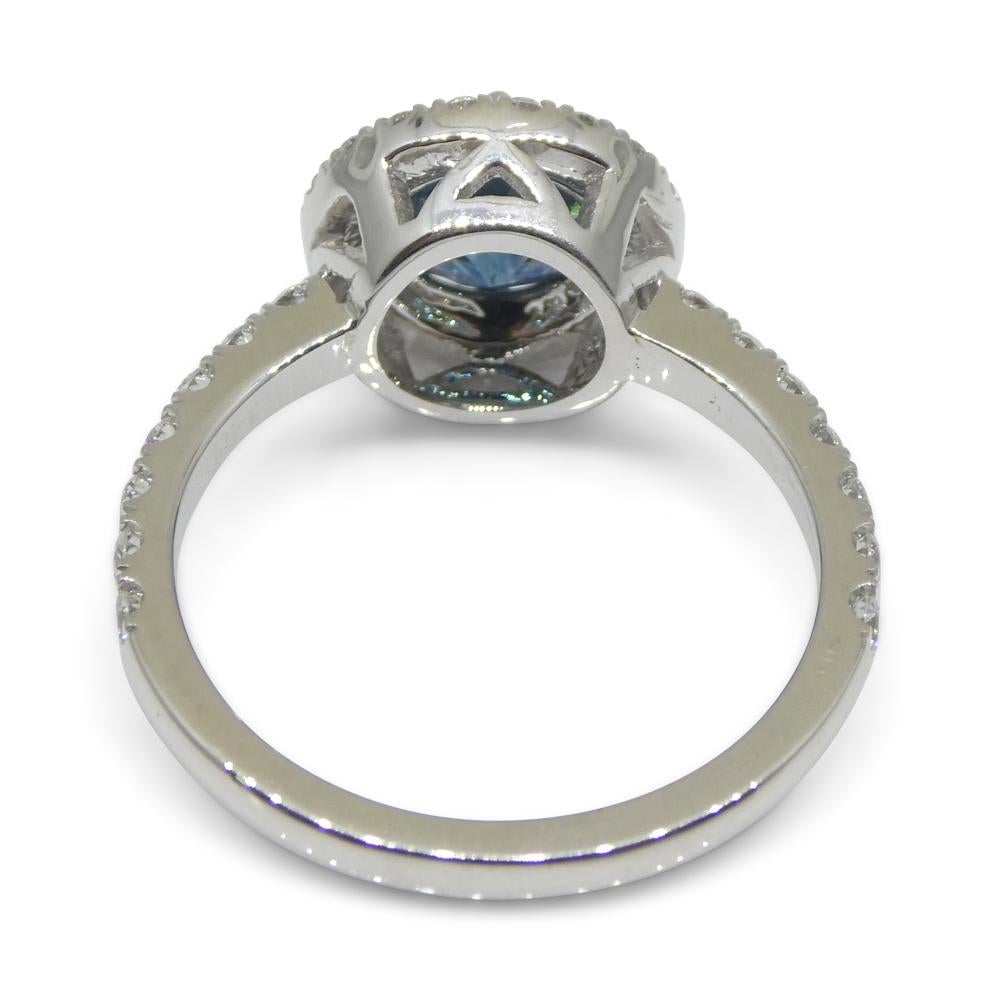 1.33ct Round Teal Blue Sapphire, Diamond Halo Engagement Ring in 18k White Gold For Sale 6