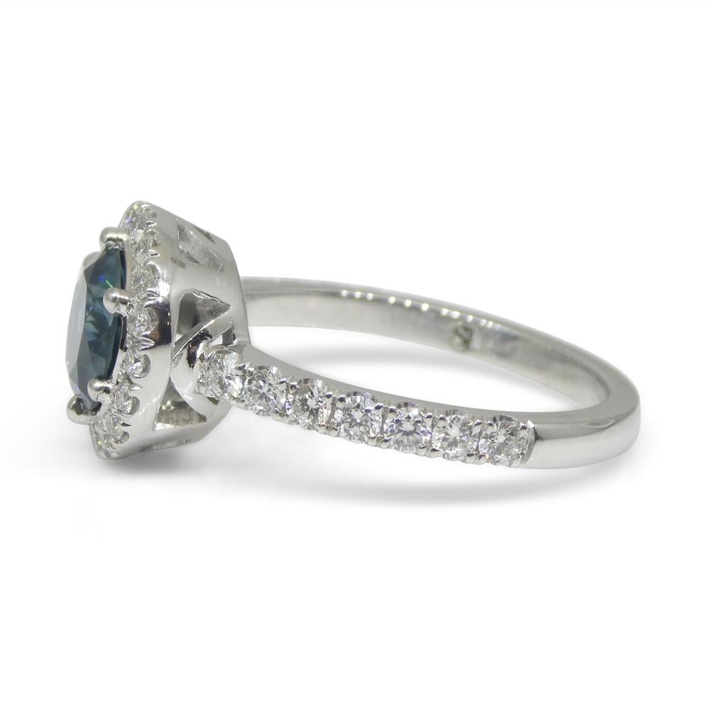 1.33ct Round Teal Blue Sapphire, Diamond Halo Engagement Ring in 18k White Gold For Sale 7