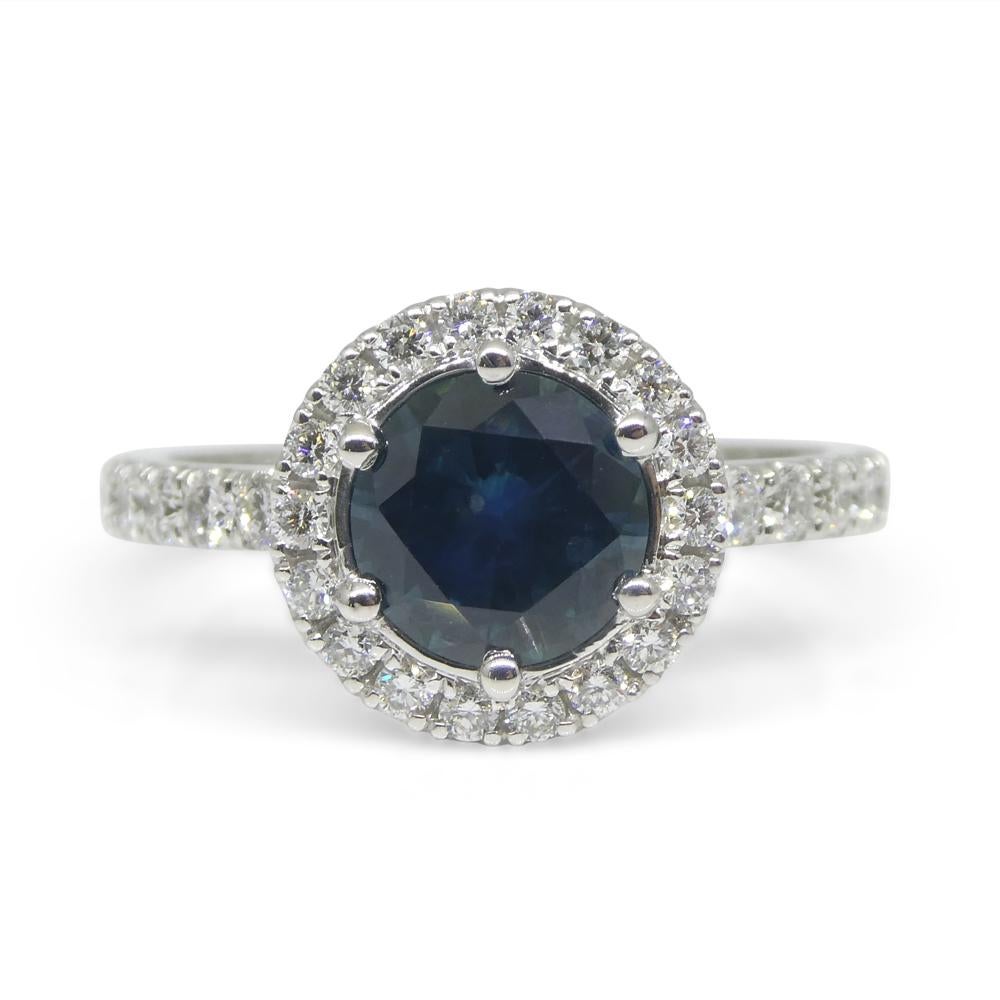 1.33ct Round Teal Blue Sapphire, Diamond Halo Engagement Ring in 18k White Gold For Sale 8