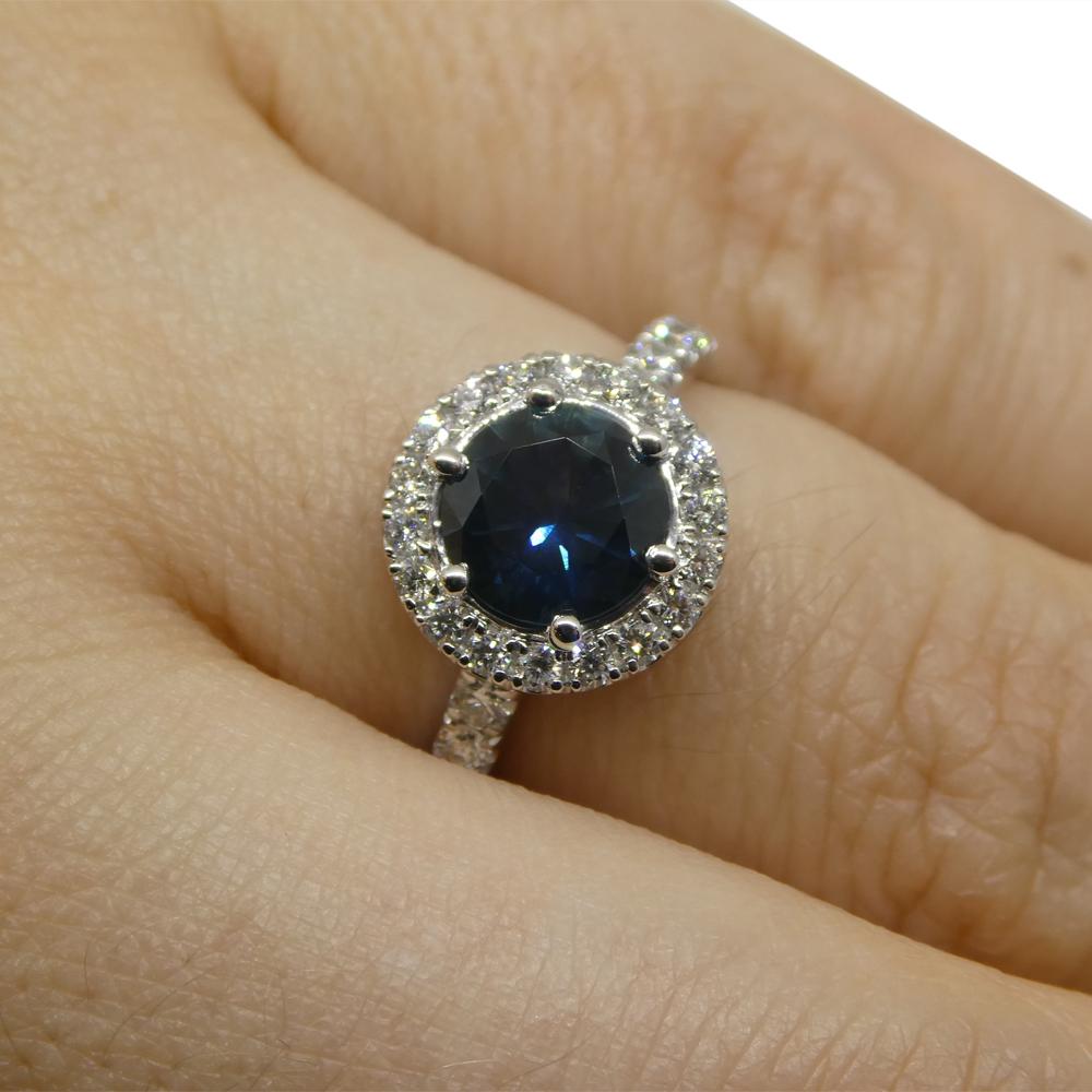 Contemporary 1.33ct Round Teal Blue Sapphire, Diamond Halo Engagement Ring in 18k White Gold For Sale