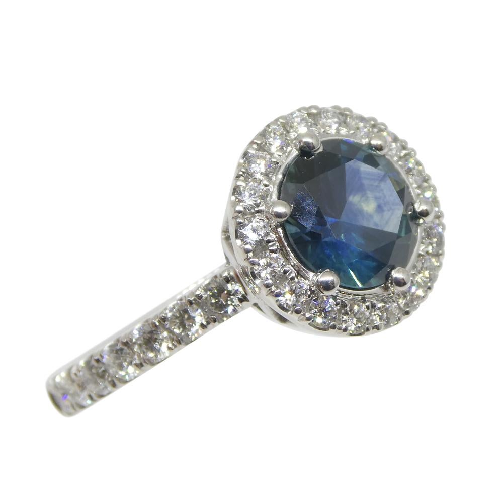 1.33ct Round Teal Blue Sapphire, Diamond Halo Engagement Ring in 18k White Gold In New Condition For Sale In Toronto, Ontario