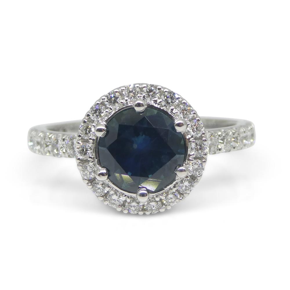 1.33ct Round Teal Blue Sapphire, Diamond Halo Engagement Ring in 18k White Gold For Sale 1