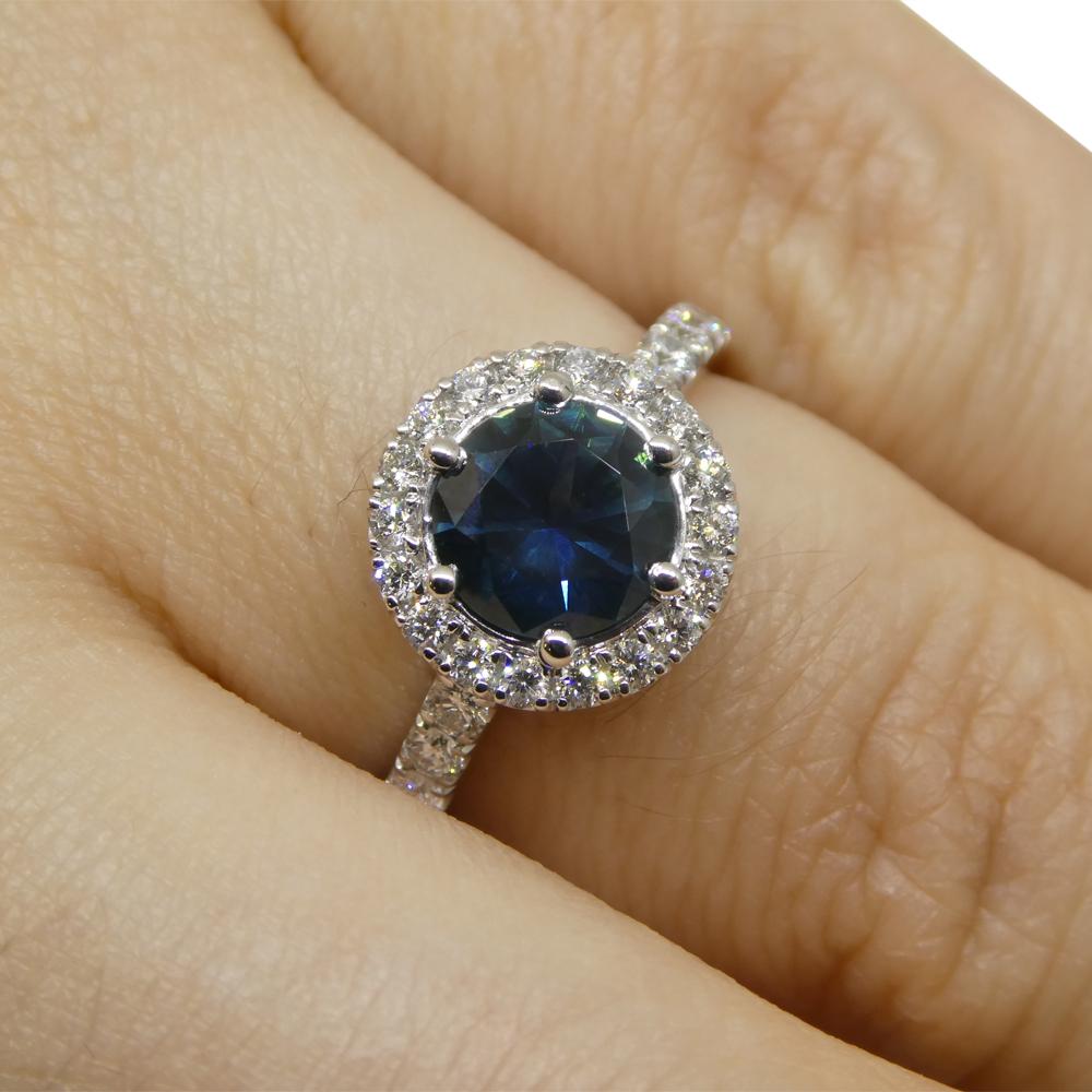 1.33ct Round Teal Blue Sapphire, Diamond Halo Engagement Ring in 18k White Gold For Sale 2