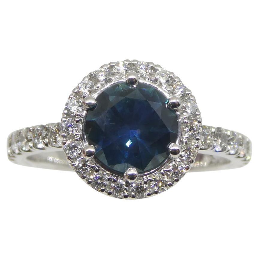 1.33ct Round Teal Blue Sapphire, Diamond Halo Engagement Ring in 18k White Gold For Sale