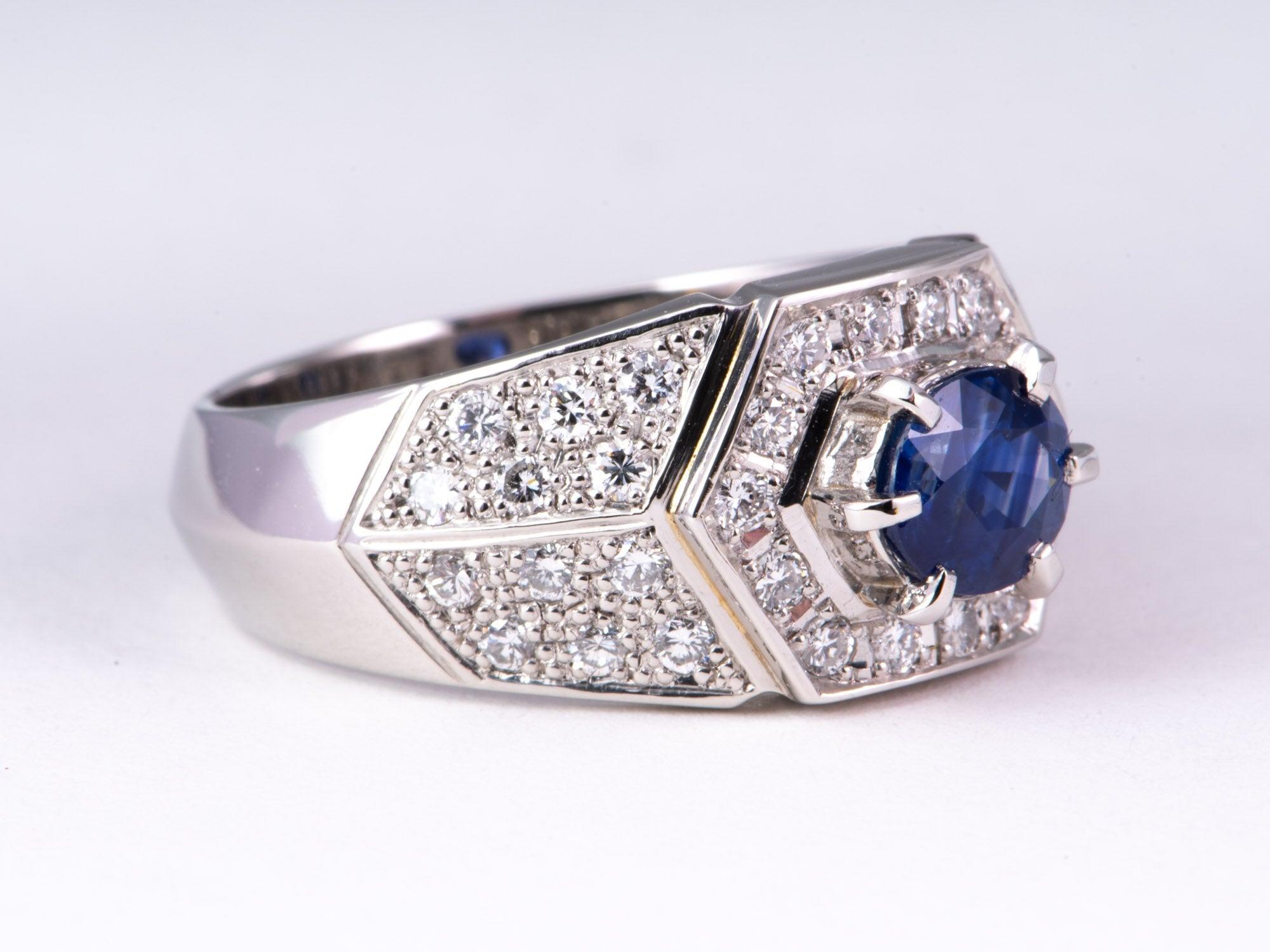 ♥ 1.33ct Sapphire with Wide Diamond Pave Band Platinum 11g+
♥ This item measures 10.5mm in length (North South direction) and sits 5.8mm tall from the finger. Band width is 4.7mm.

♥ Material: Platinum, 11.15g
♥ Gemstone: Center sapphire is 1.33ct;