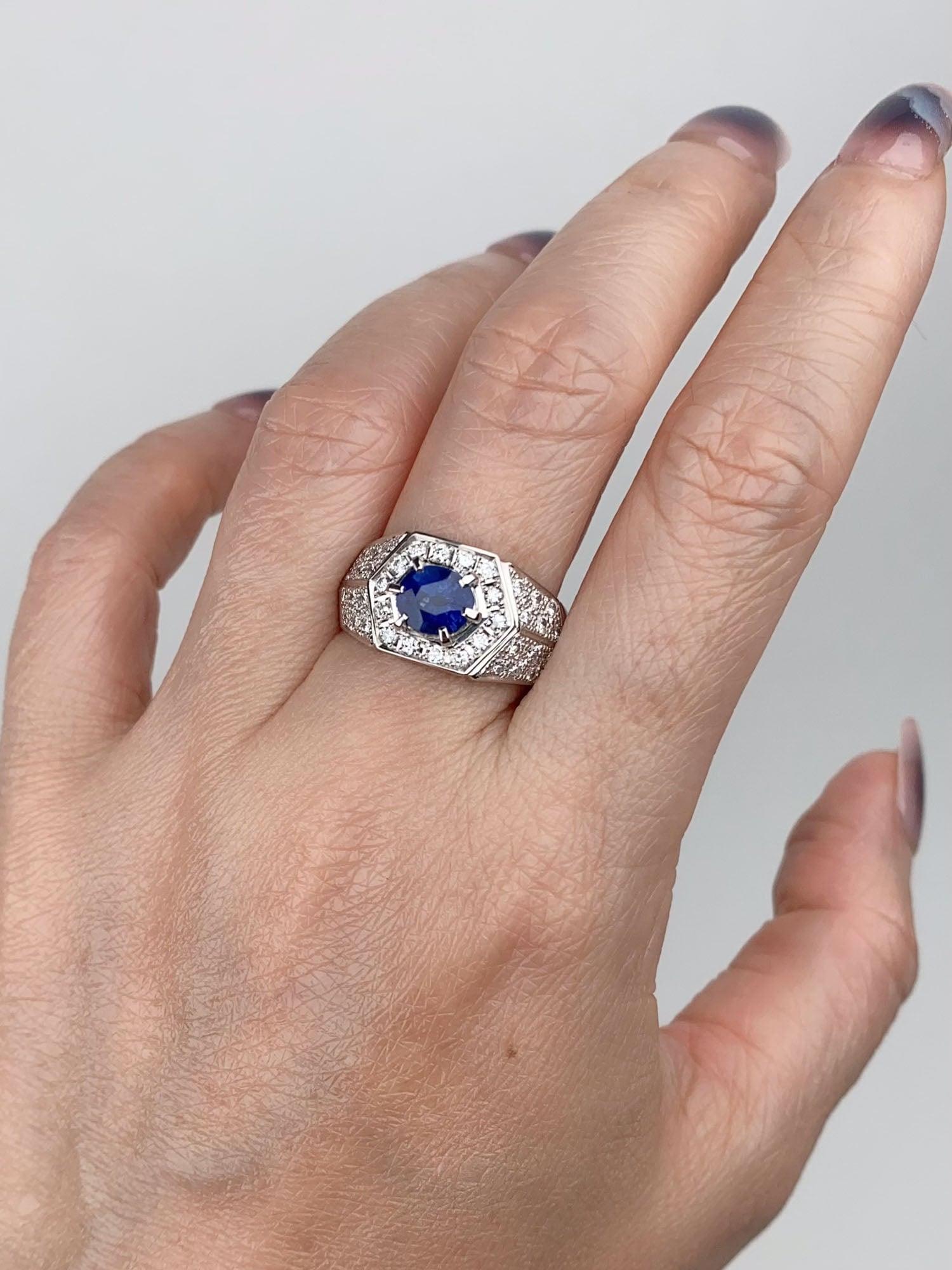 Women's or Men's 1.33ct Sapphire with Wide Diamond Pave Band Platinum 11g+ V1163 For Sale