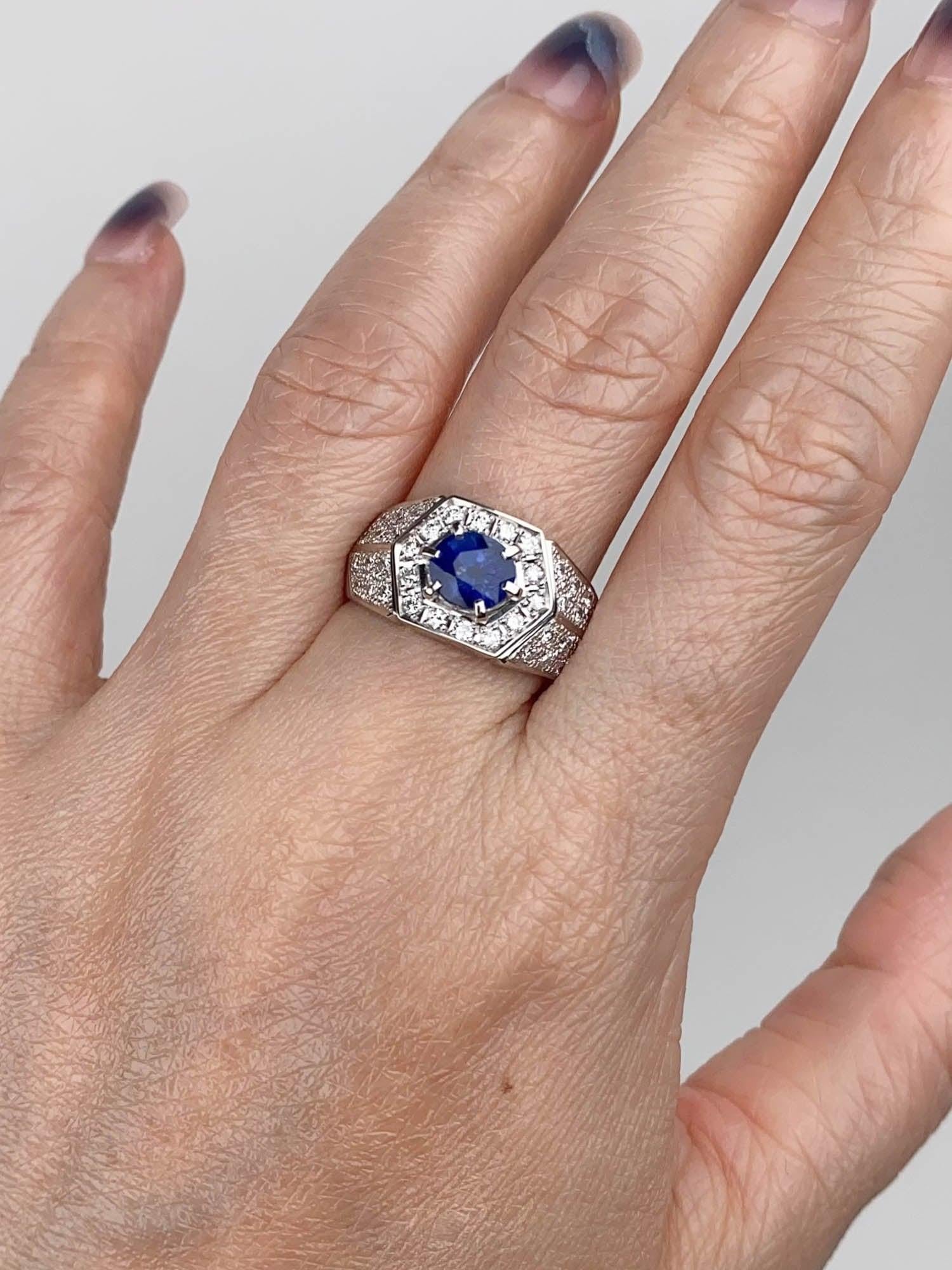 Women's or Men's 1.33ct Sapphire with Wide Diamond Pave Band Platinum 11g+ V1163 For Sale