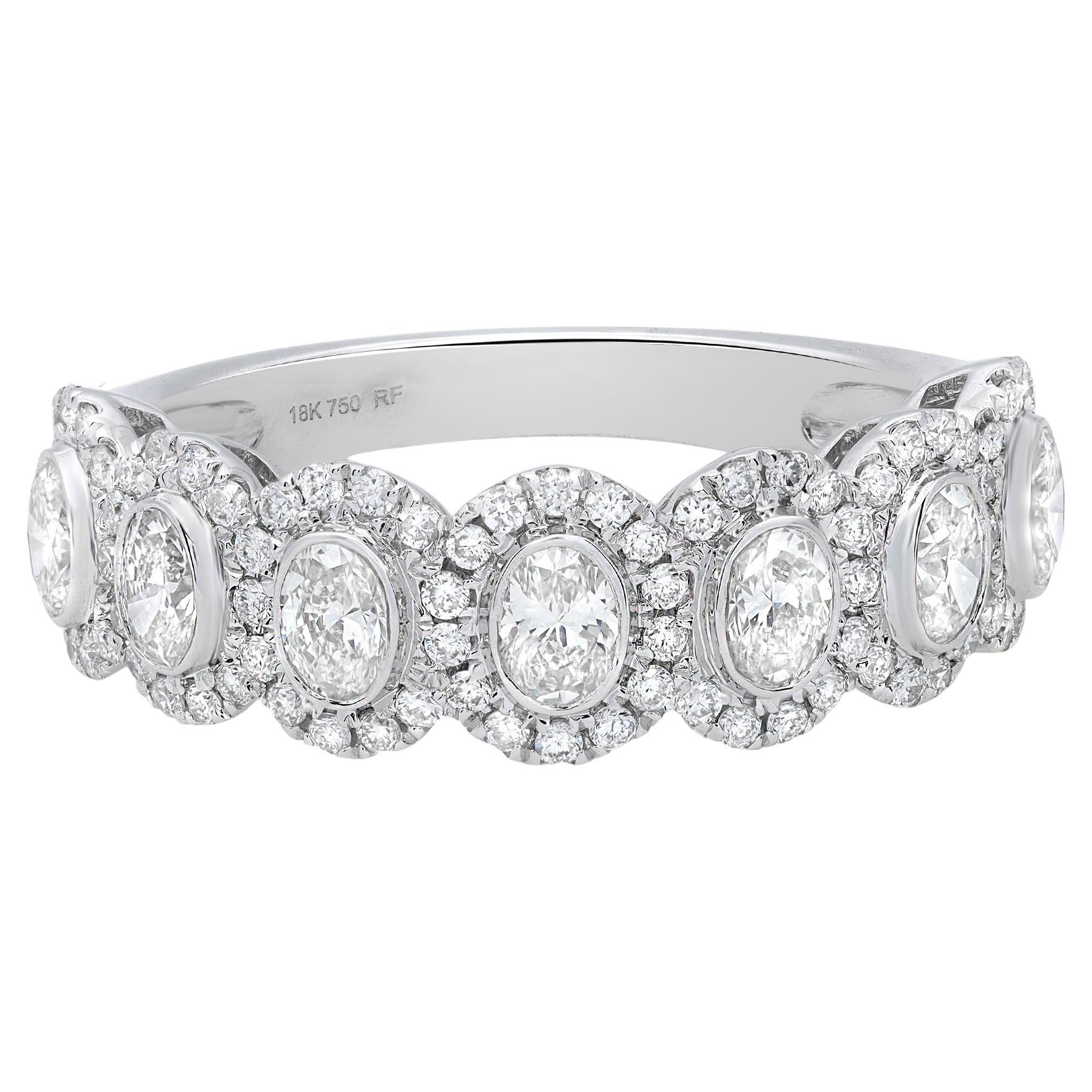 1.33Cttw Oval Cut Diamond Halo Wedding Band Ring 18K White Gold Size 6.5 For Sale