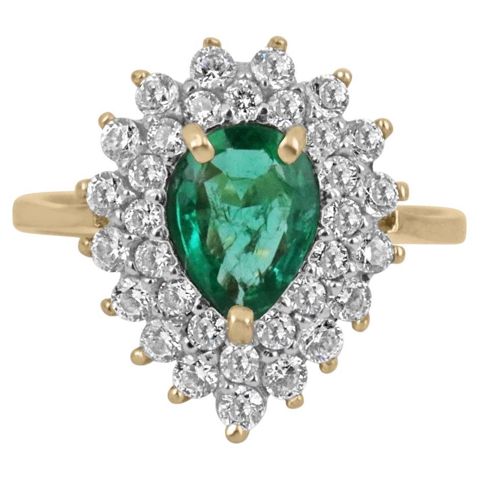 1.33tcw 14K Natural Emerald Teardrop Pear Cut & Diamond Cluster Halo Gold Ring For Sale
