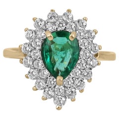 1.33tcw 14K Natural Emerald Teardrop Pear Cut & Diamond Cluster Halo Gold Ring