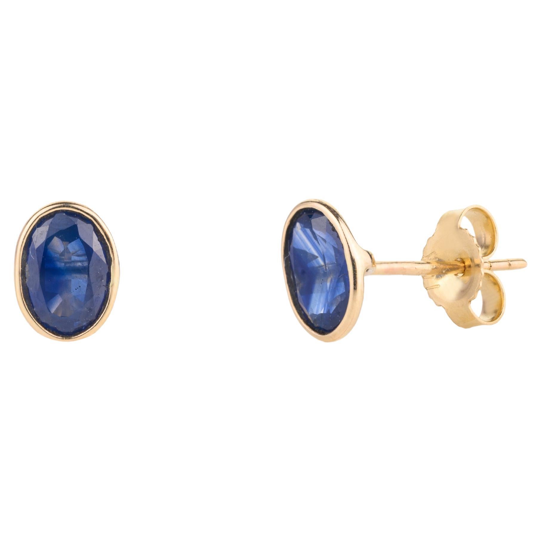 Dainty 1.34 Carat Bezel Set Blue Sapphire 14k Yellow Gold Stud Earrings Gift