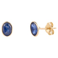 Dainty 1.34 Carat Bezel Set Blue Sapphire 14k Yellow Gold Stud Earrings Gift