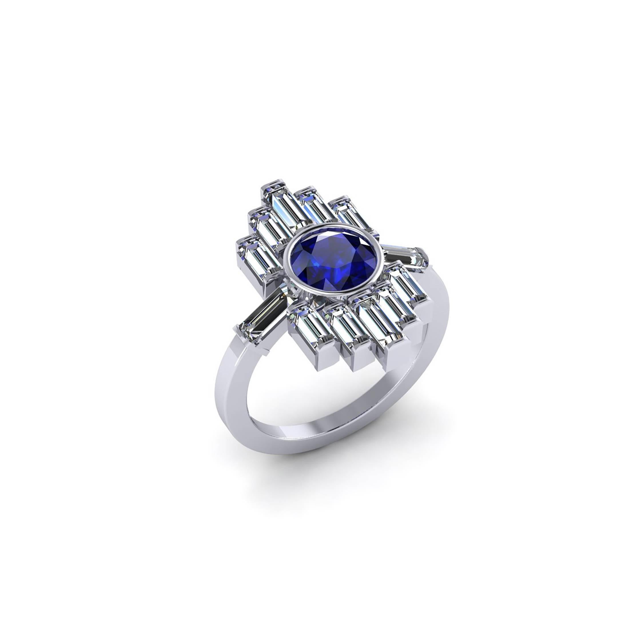 Art Deco 1.34 Carat Blue Sapphire and Diamond Baguettes Platinum Ring