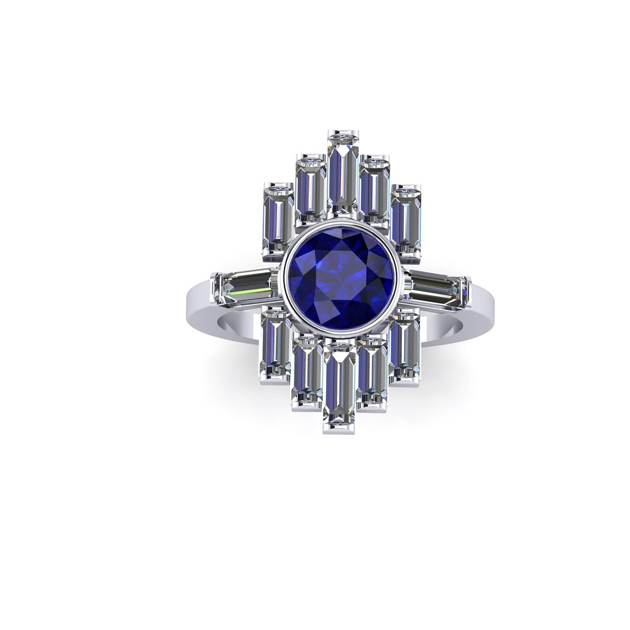 1.34 Carat Blue Sapphire and Diamond Baguettes Platinum Ring In New Condition In New York, NY