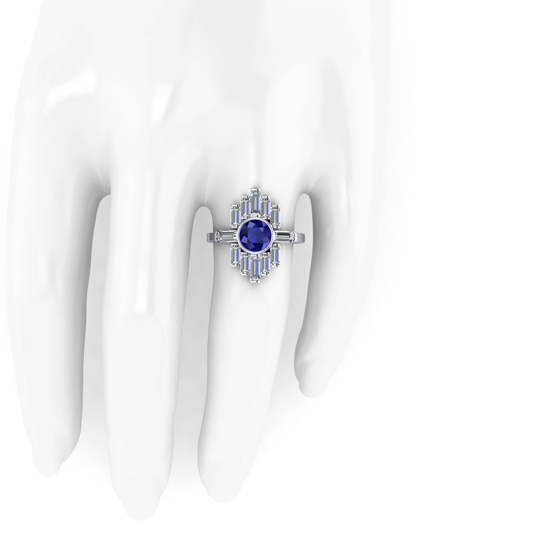 Women's 1.34 Carat Blue Sapphire and Diamond Baguettes Platinum Ring
