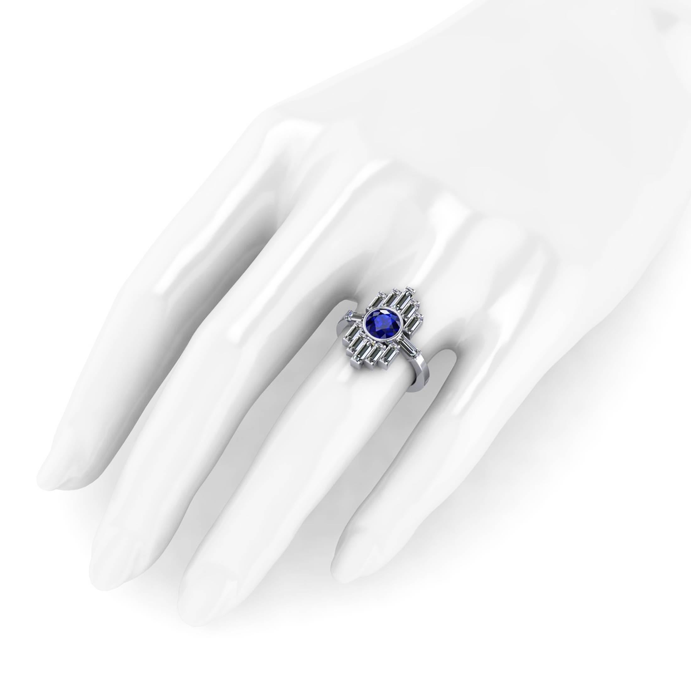 1.34 Carat Blue Sapphire and Diamond Baguettes Platinum Ring 1