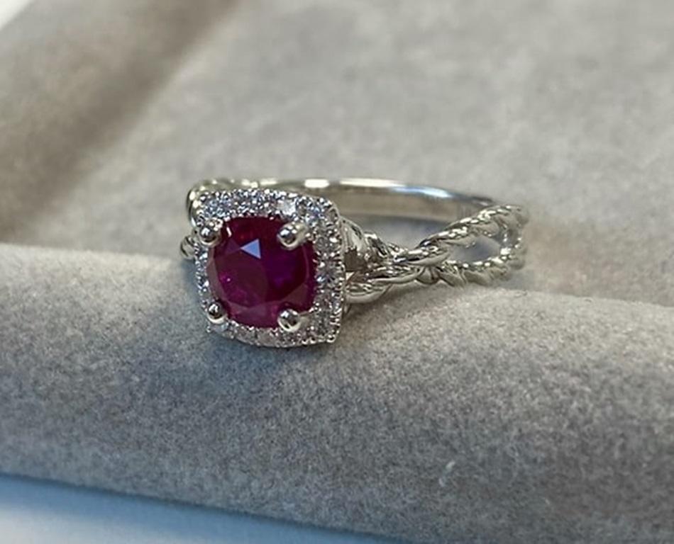 Ruby Weight: 1.34 Cts, Diamond Weight: 0.16 Cts, Metal: 18K White Gold, Shape: Cushion, Origin: Burma, Treatment: No gemological evidence of heat, Color: Red, Hardness: 9, Birthstone: July