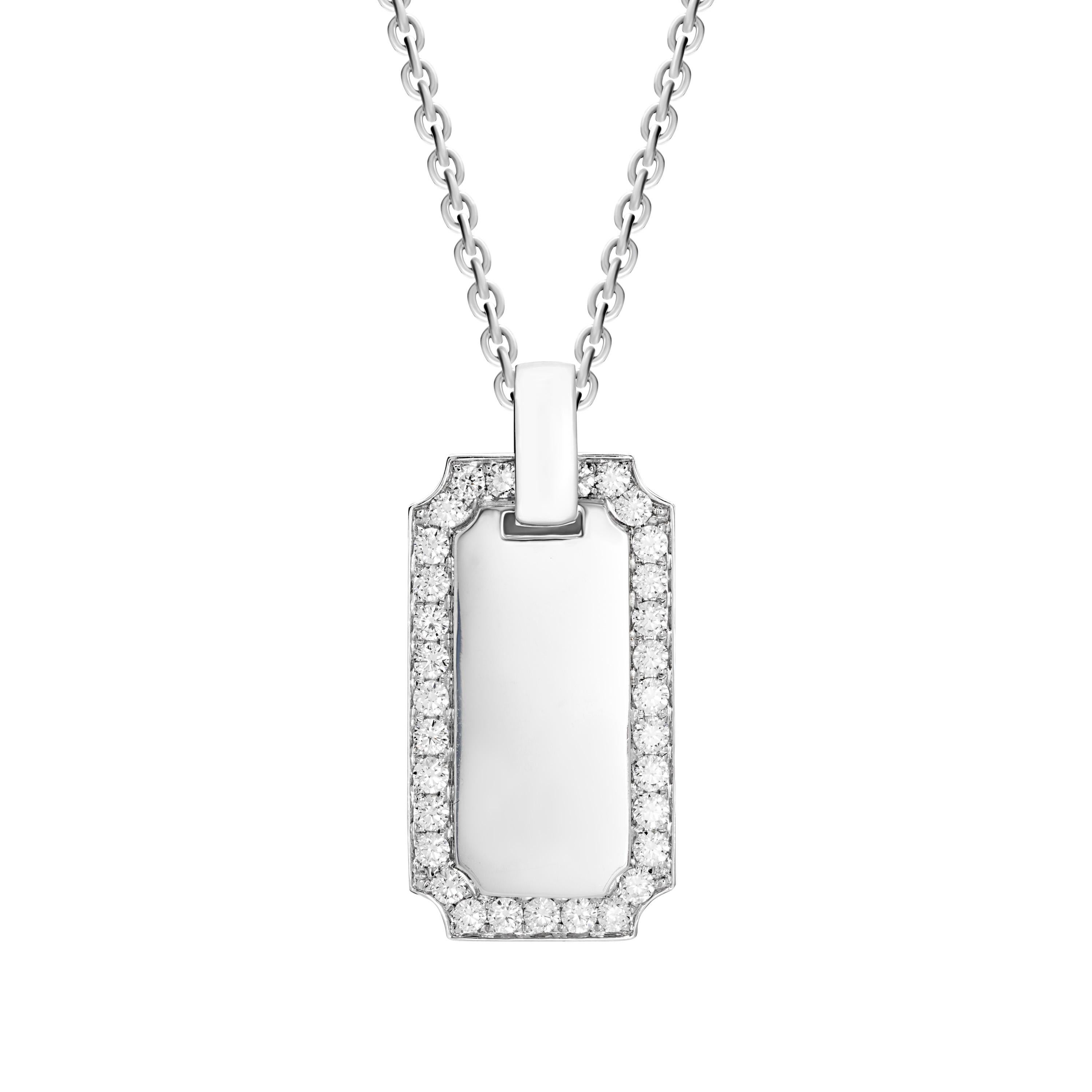 This large diamond ID tag pendant is handcrafted in lustrous 18-karat white gold. The outside rim is set with brilliant round cut diamonds which total 1.34 carats. The frame measures to 3.5cm in length and 1.8cm in width.  Chain length 22 inches. 